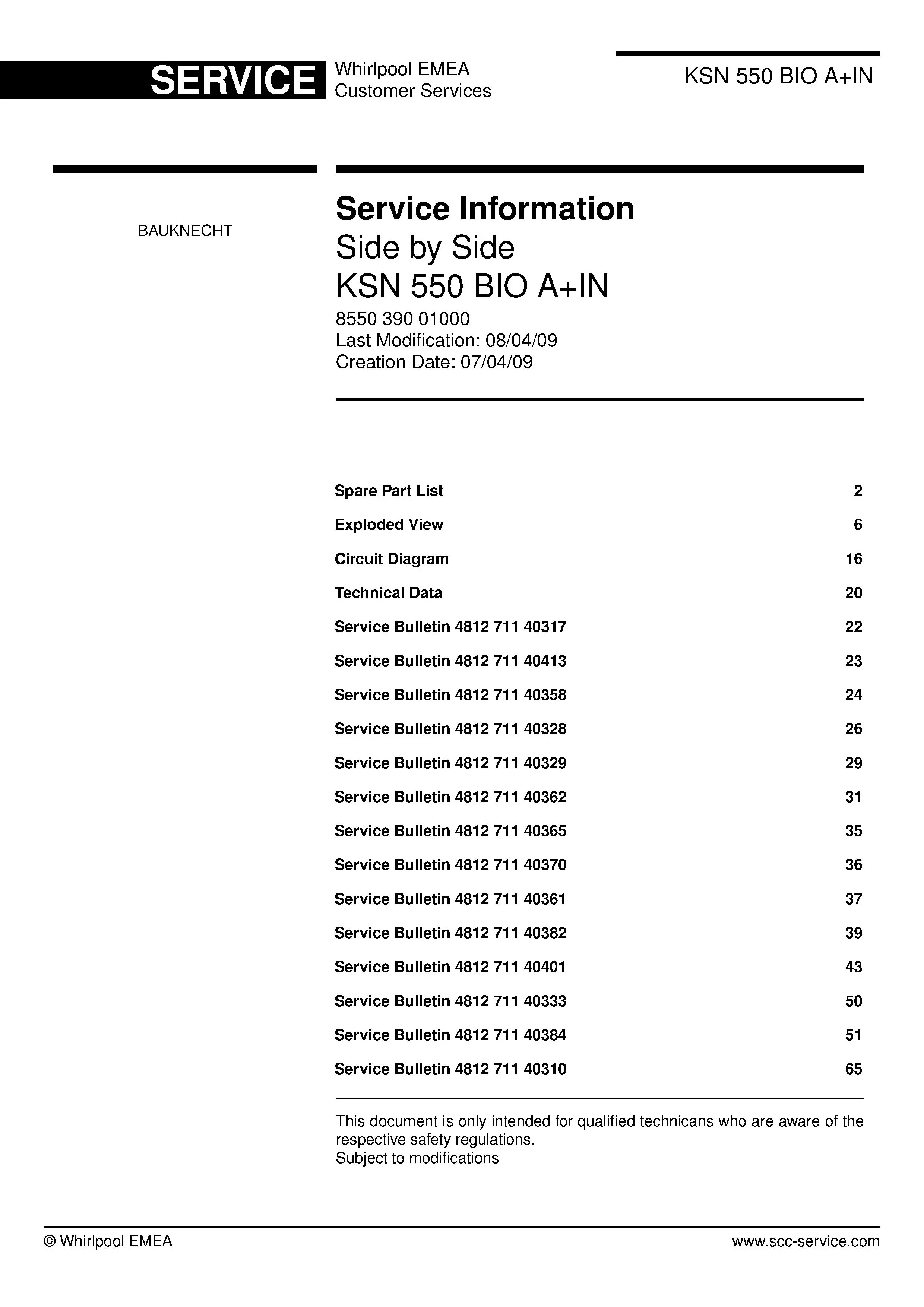 Bauknecht ksn 550 bio ain service manual cover with model code, manual contents and publication date