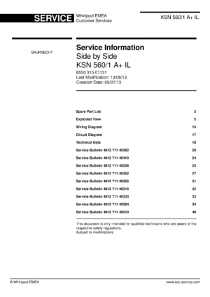 Bauknecht ksn 560 1 a il service manual cover with model code, manual contents and publication date