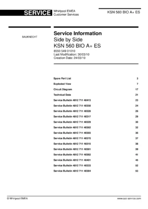 Bauknecht ksn 560 bio a es service manual cover with model code, manual contents and publication date