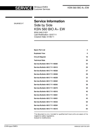 Bauknecht ksn 560 bio a ew service manual cover with model code, manual contents and publication date