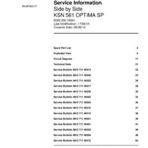 Bauknecht ksn 561 optima sp service manual cover with model code, manual contents and publication date