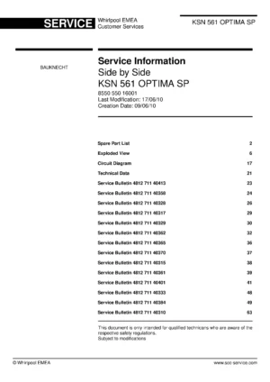 Bauknecht ksn 561 optima sp service manual cover with model code, manual contents and publication date