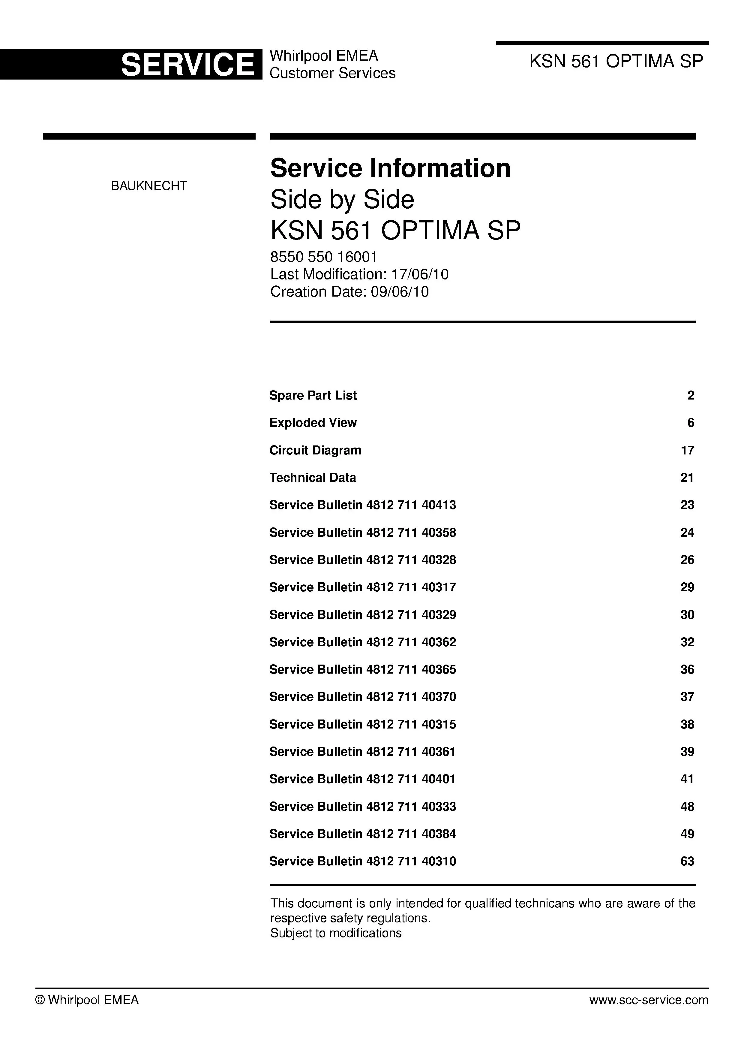 Bauknecht ksn 561 optima sp service manual cover with model code, manual contents and publication date