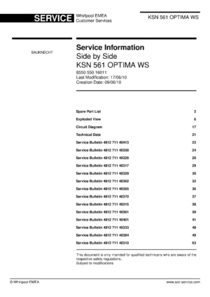 Bauknecht ksn 561 optima ws service manual cover with model code, manual contents and publication date