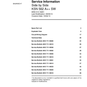 Bauknecht ksn 562 a 2 plus sw service manual cover with model code, manual contents and publication date