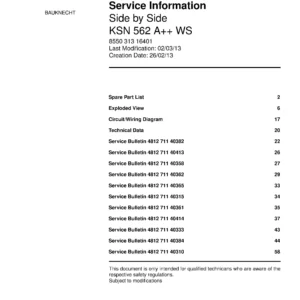 Bauknecht ksn 562 a 2 plus ws service manual cover with model code, manual contents and publication date