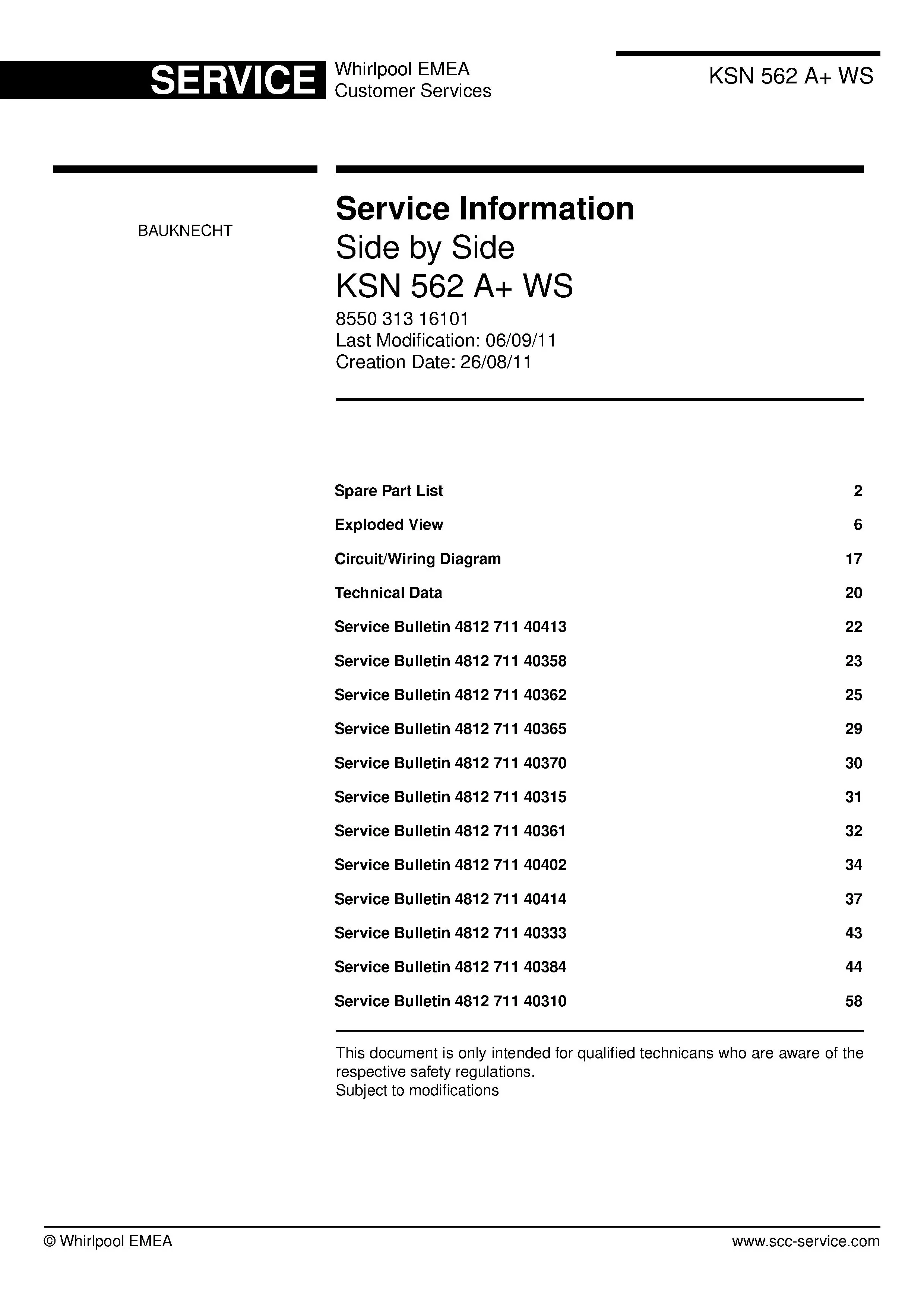 Bauknecht ksn 562 a ws service manual cover with model code, manual contents and publication date