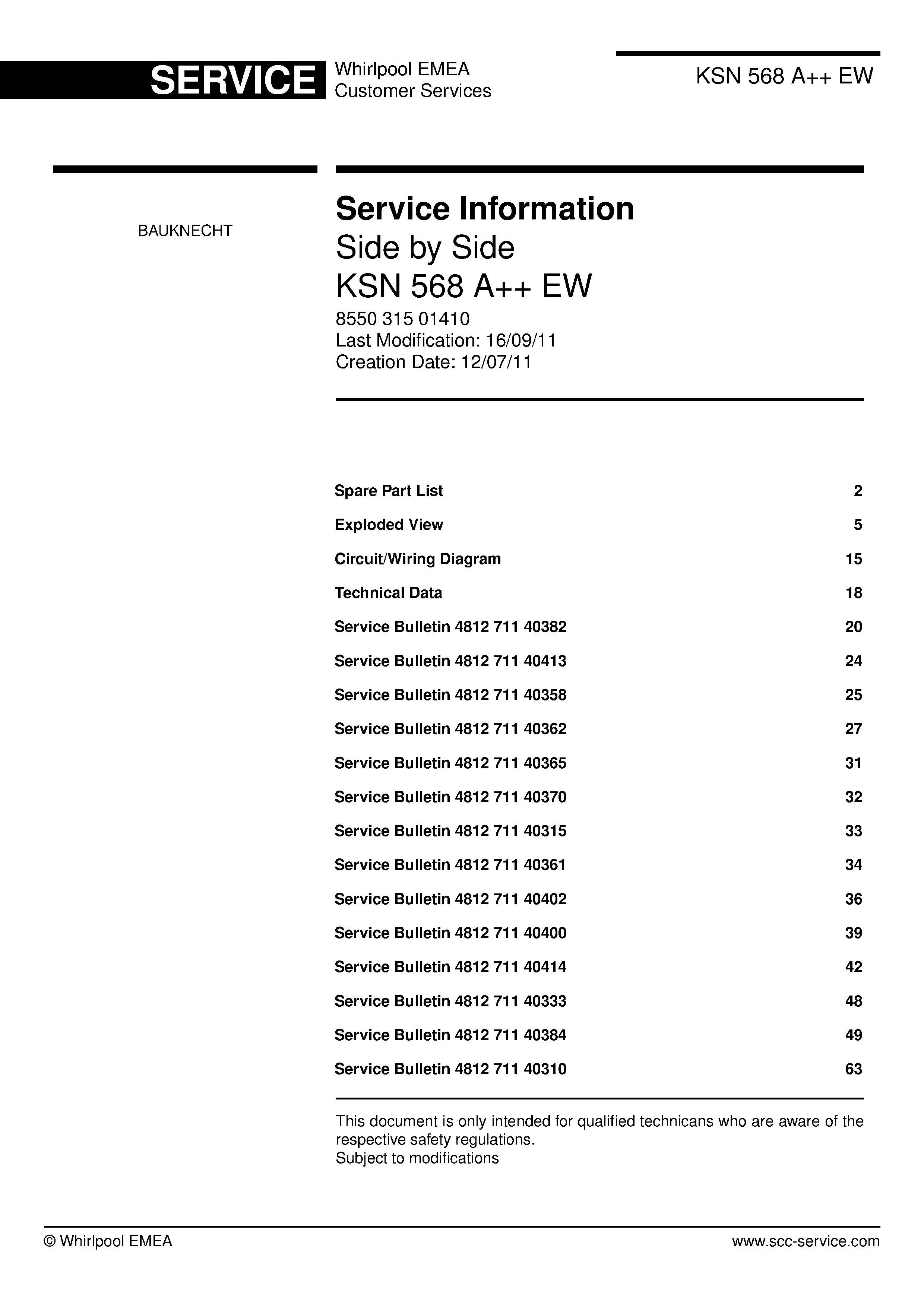Bauknecht ksn 568 a ew service manual cover with model code, manual contents and publication date