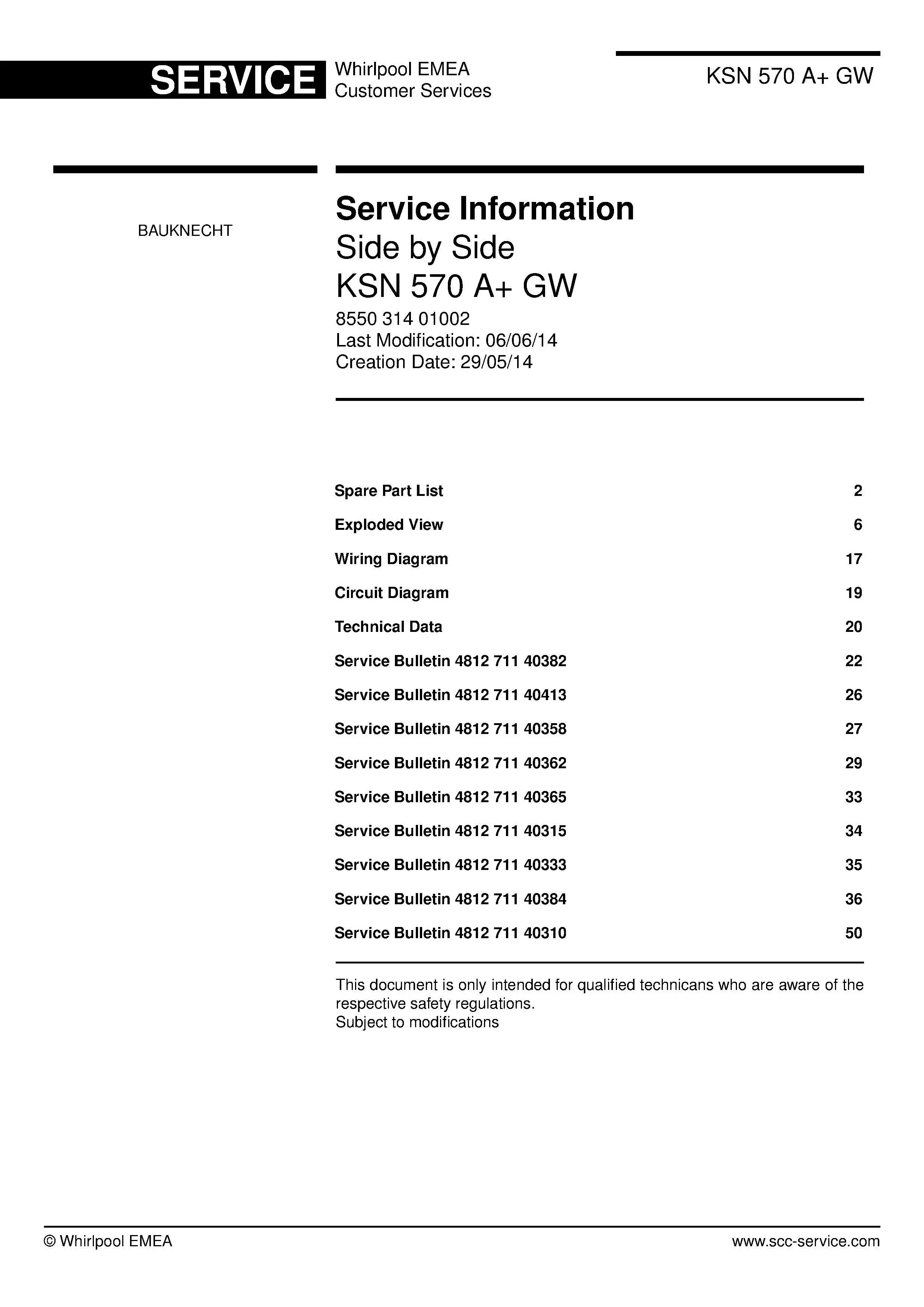 Bauknecht ksn 570 a gw service manual cover with model code, manual contents and publication date