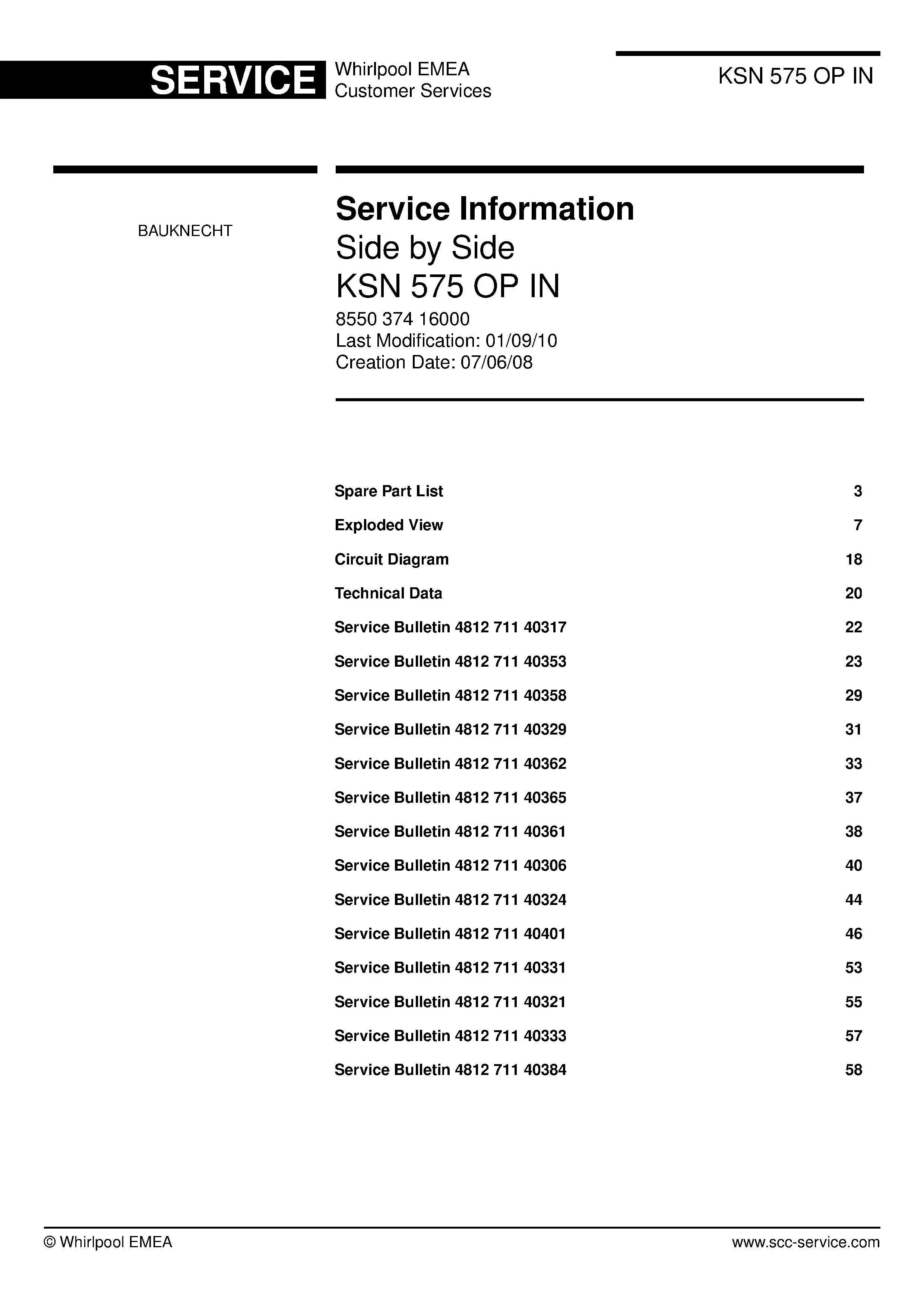 Bauknecht ksn 575 op in service manual cover with model code, manual contents and publication date