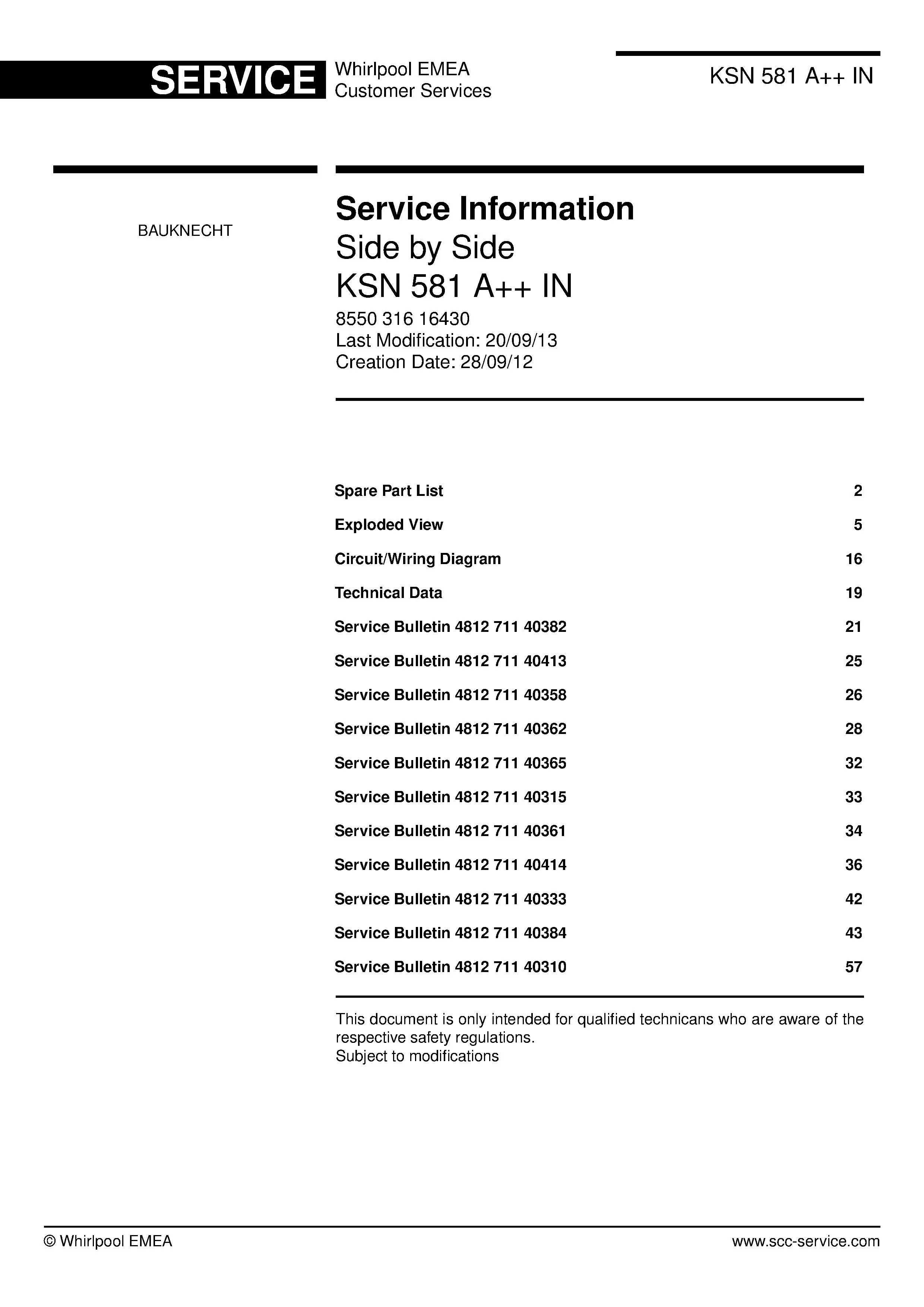 Bauknecht ksn 581 a in service manual cover with model code, manual contents and publication date