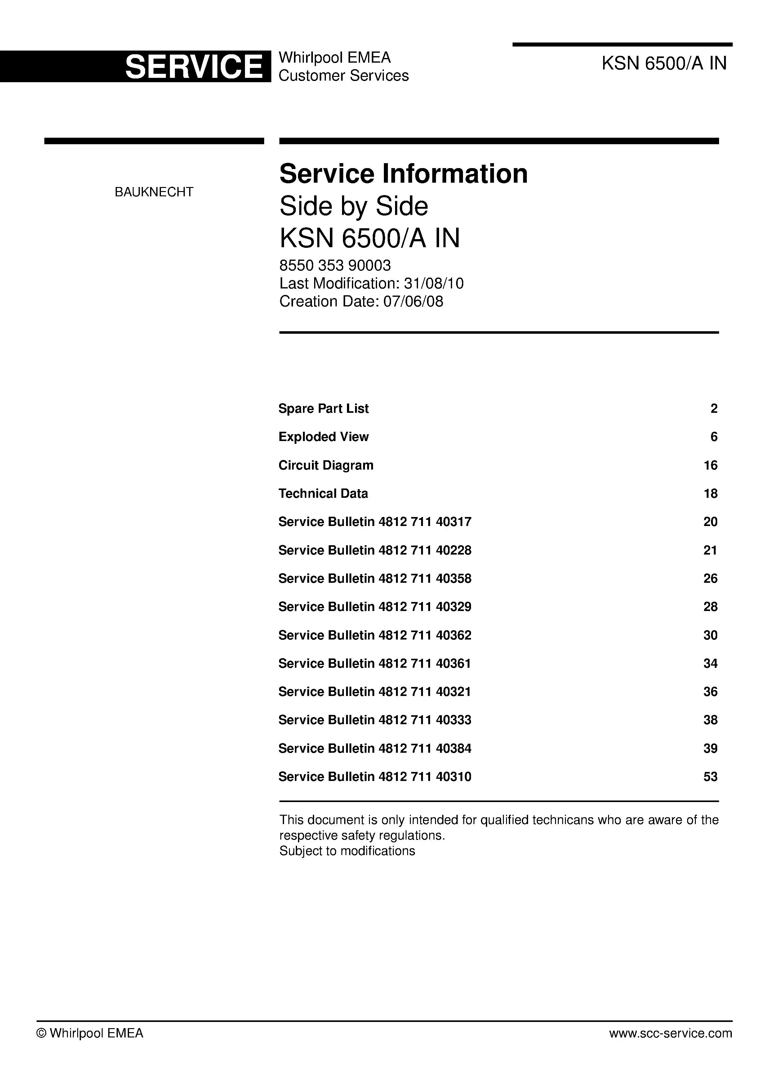 Bauknecht ksn 6500 a in service manual cover with model code, manual contents and publication date