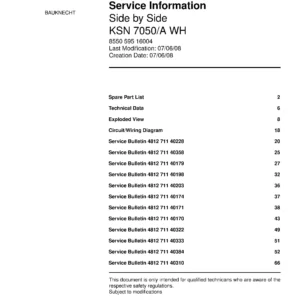 Bauknecht ksn 7050 a wh service manual cover with model code, manual contents and publication date