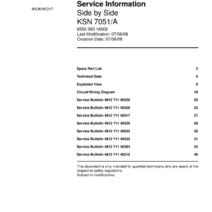 Bauknecht ksn 7051 a service manual cover with model code, manual contents and publication date