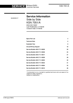 Bauknecht ksn 7051 a service manual cover with model code, manual contents and publication date