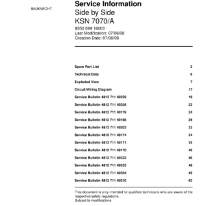 Bauknecht ksn 7070 a service manual cover with model code, manual contents and publication date