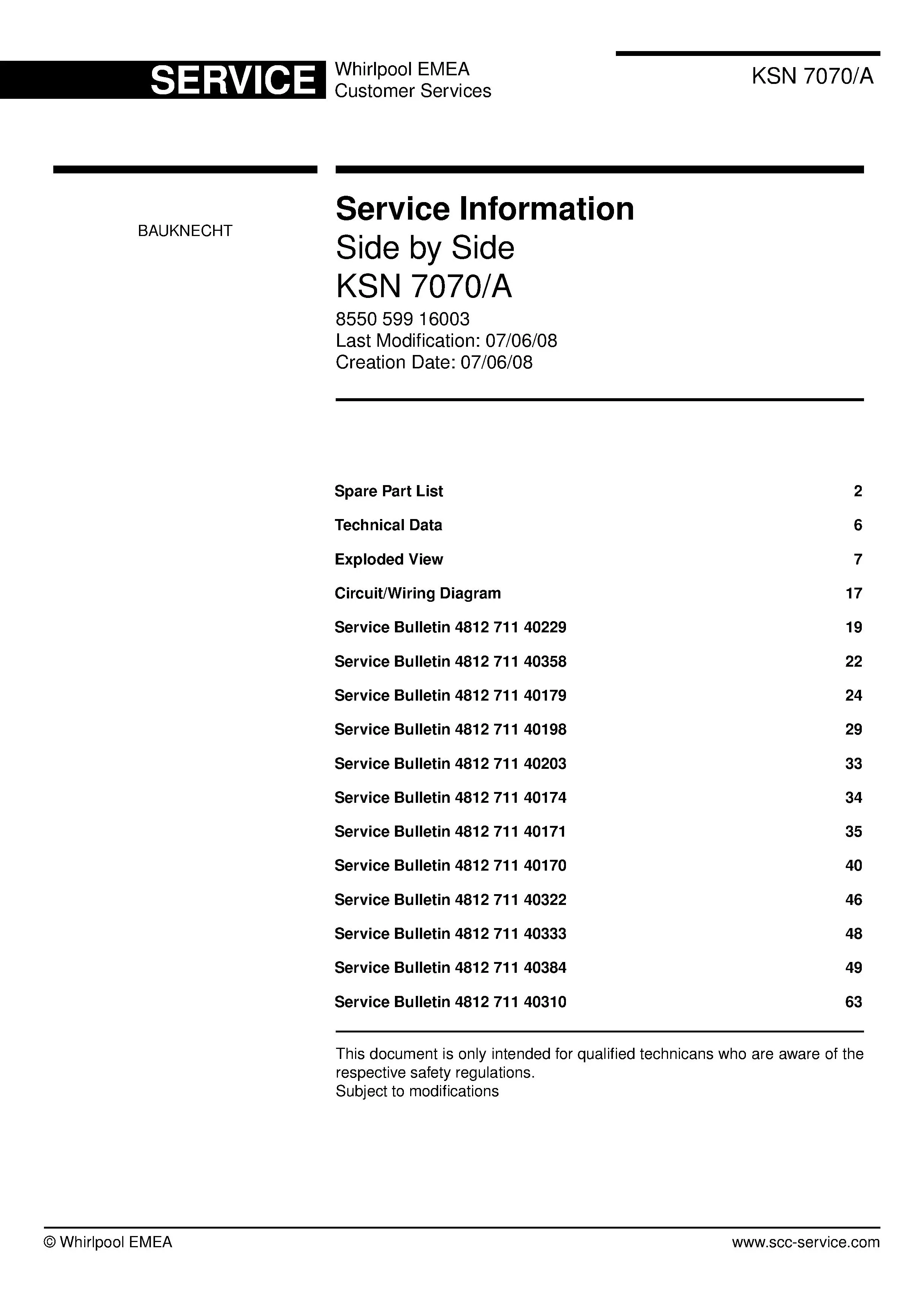 Bauknecht ksn 7070 a service manual cover with model code, manual contents and publication date