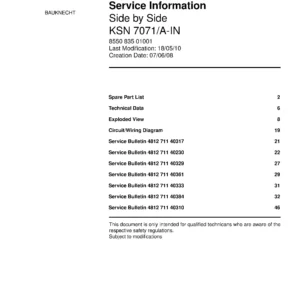 Bauknecht ksn 7071 a in service manual cover with model code, manual contents and publication date