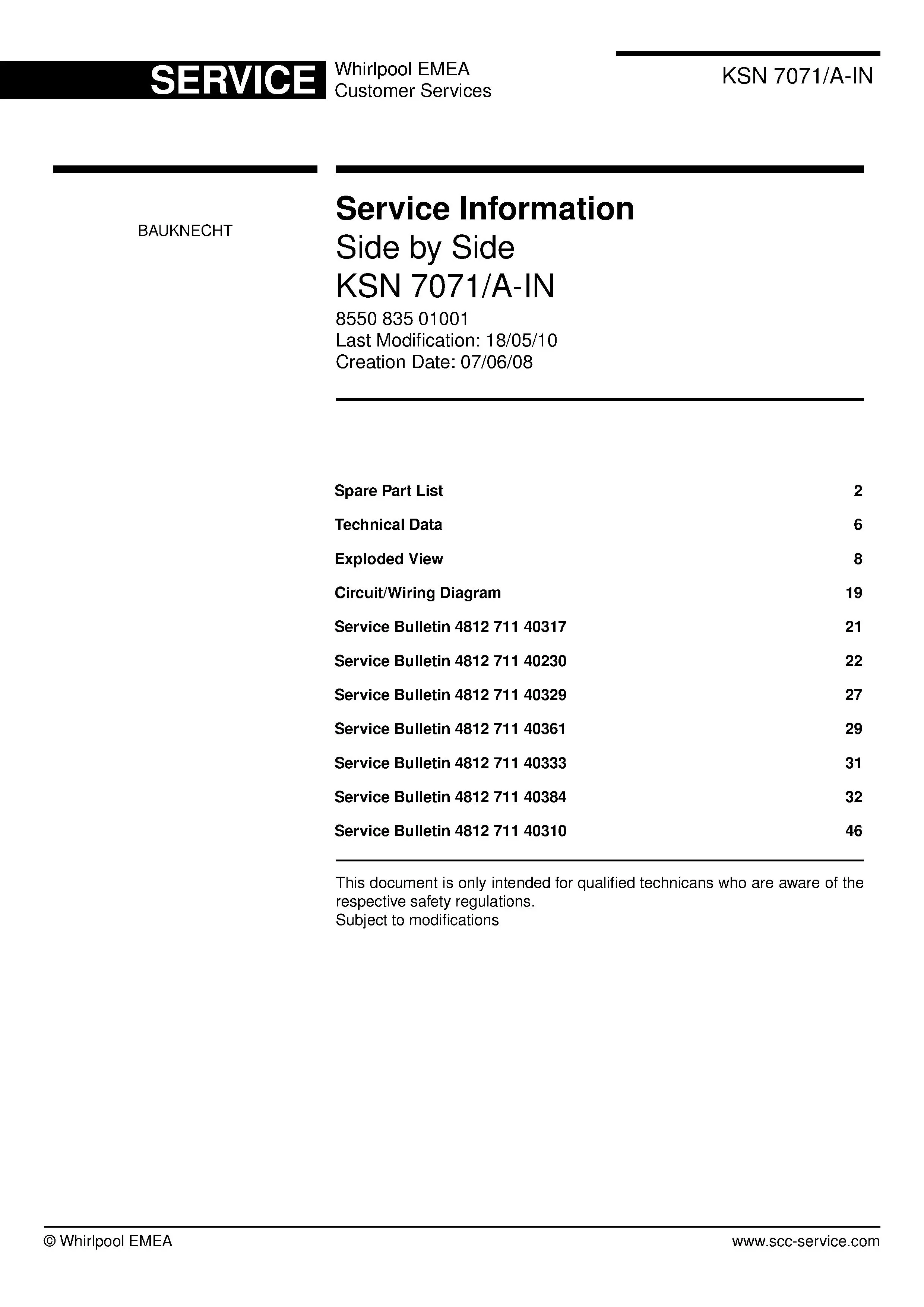 Bauknecht ksn 7071 a in service manual cover with model code, manual contents and publication date