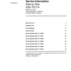 Bauknecht ksn 7071 a service manual cover with model code, manual contents and publication date