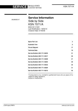 Bauknecht ksn 7071 a service manual cover with model code, manual contents and publication date