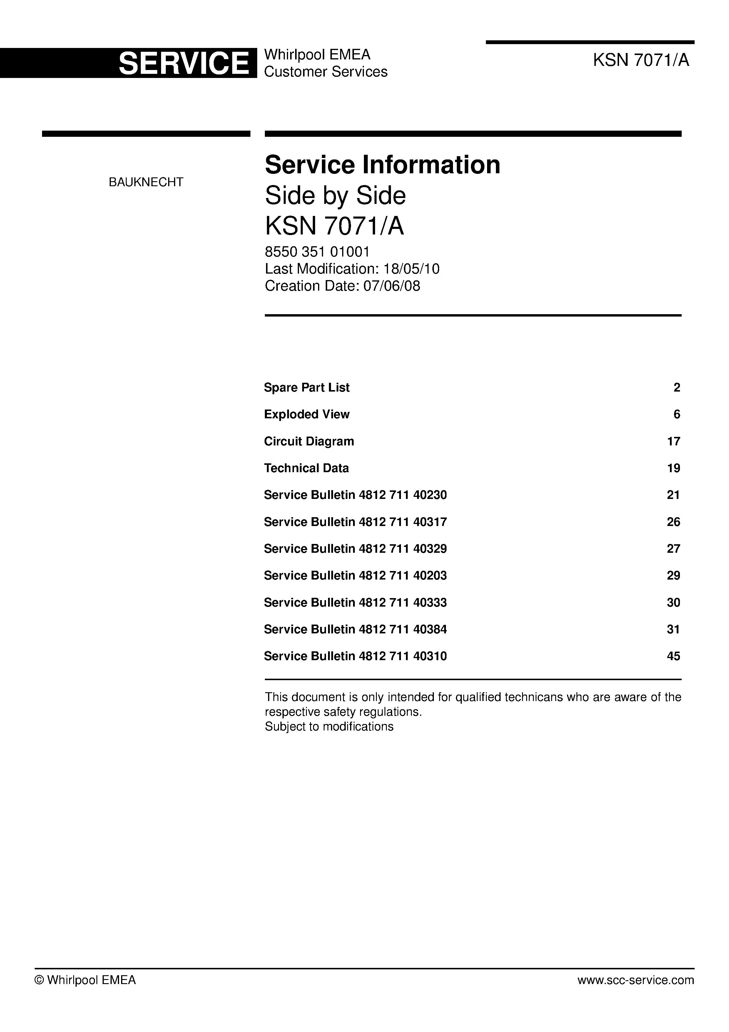 Bauknecht ksn 7071 a service manual cover with model code, manual contents and publication date