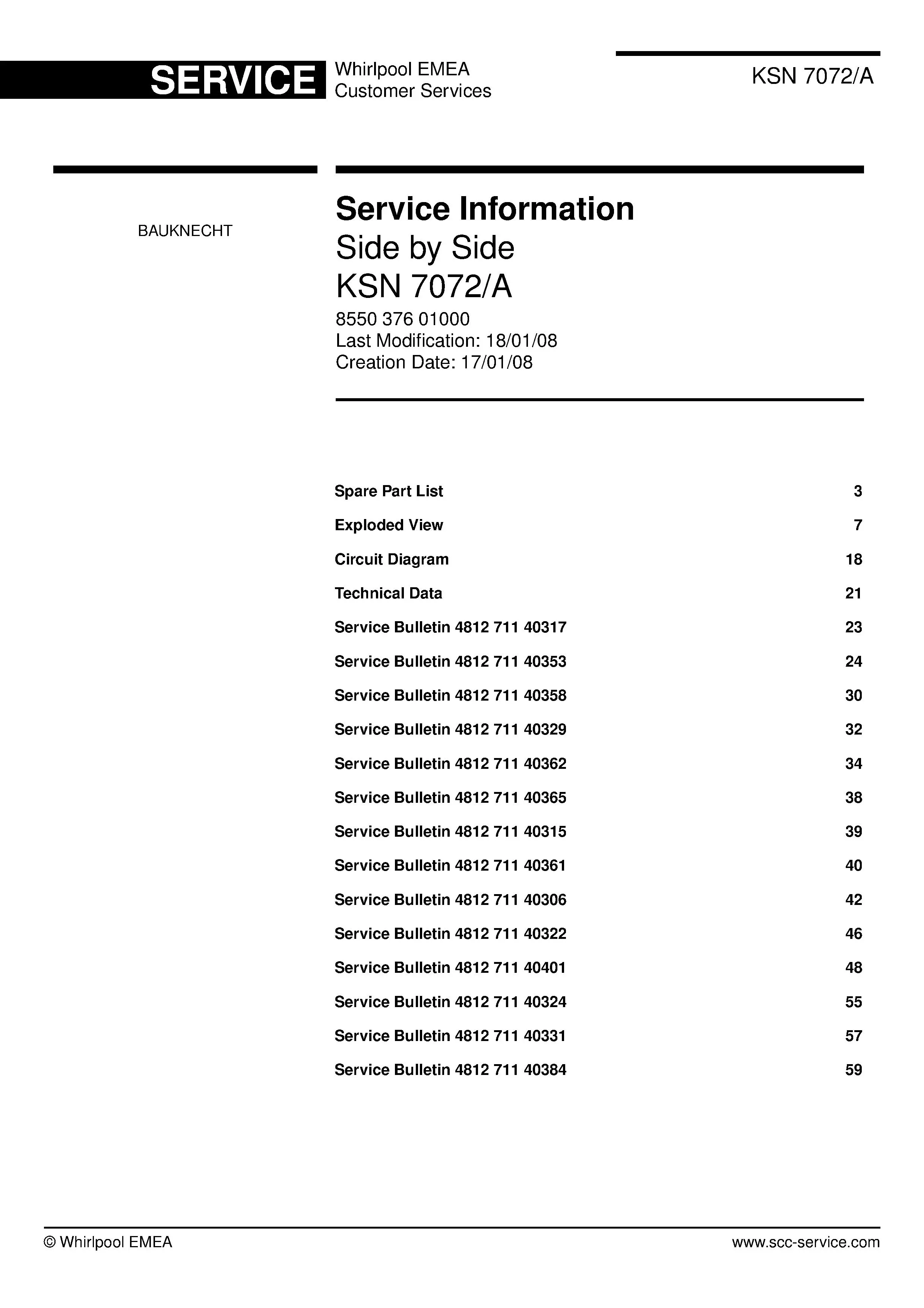 Bauknecht ksn 7072 a service manual cover with model code, manual contents and publication date