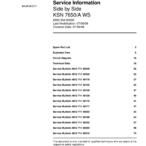 Bauknecht ksn 7650 a ws service manual cover with model code, manual contents and publication date