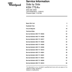 Bauknecht ksn 775 a service manual cover with model code, manual contents and publication date