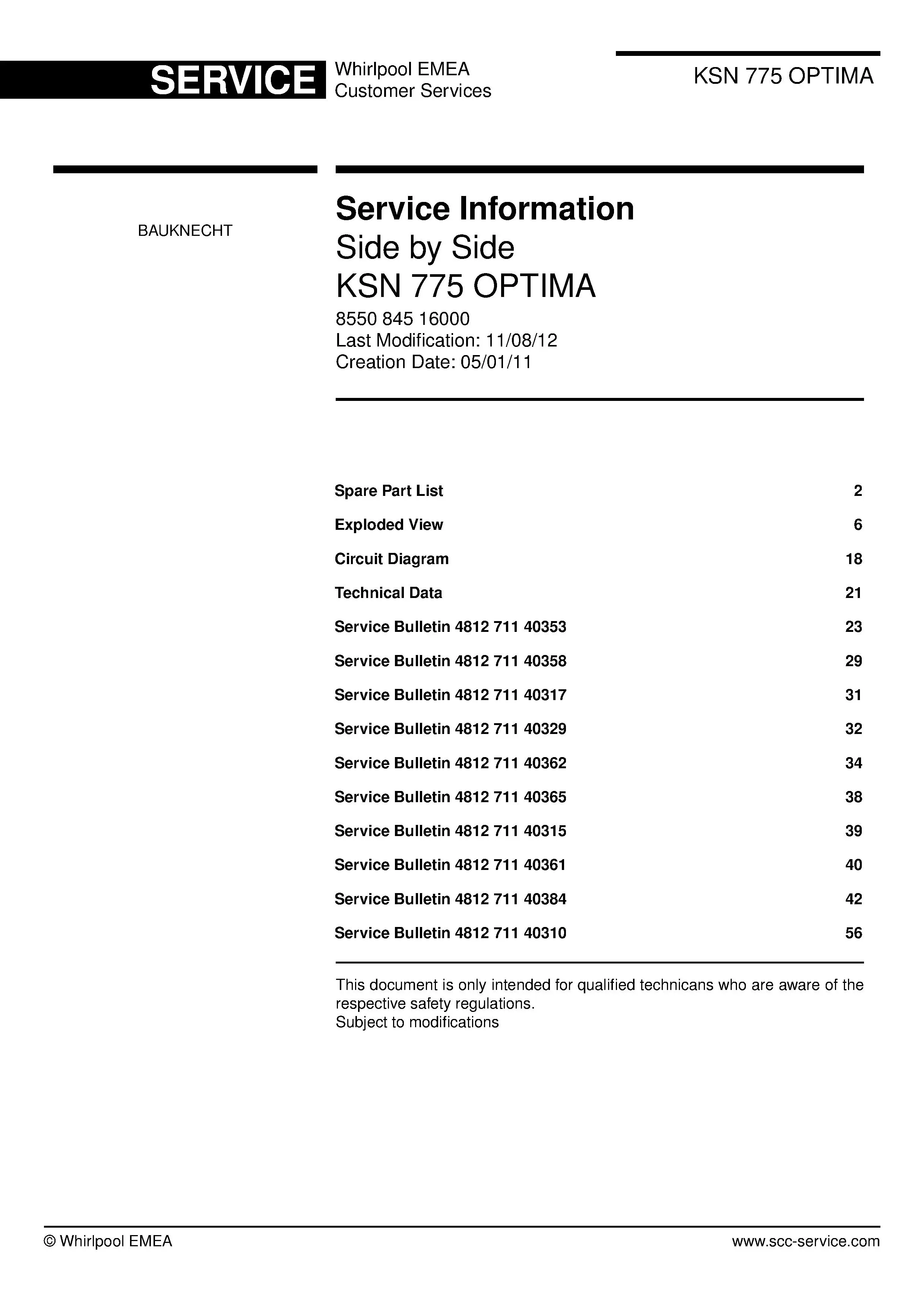 Bauknecht ksn 775 optima service manual cover with model code, manual contents and publication date