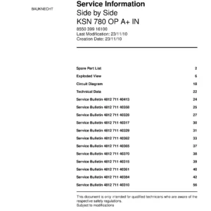 Bauknecht ksn 780 op a in service manual cover with model code, manual contents and publication date