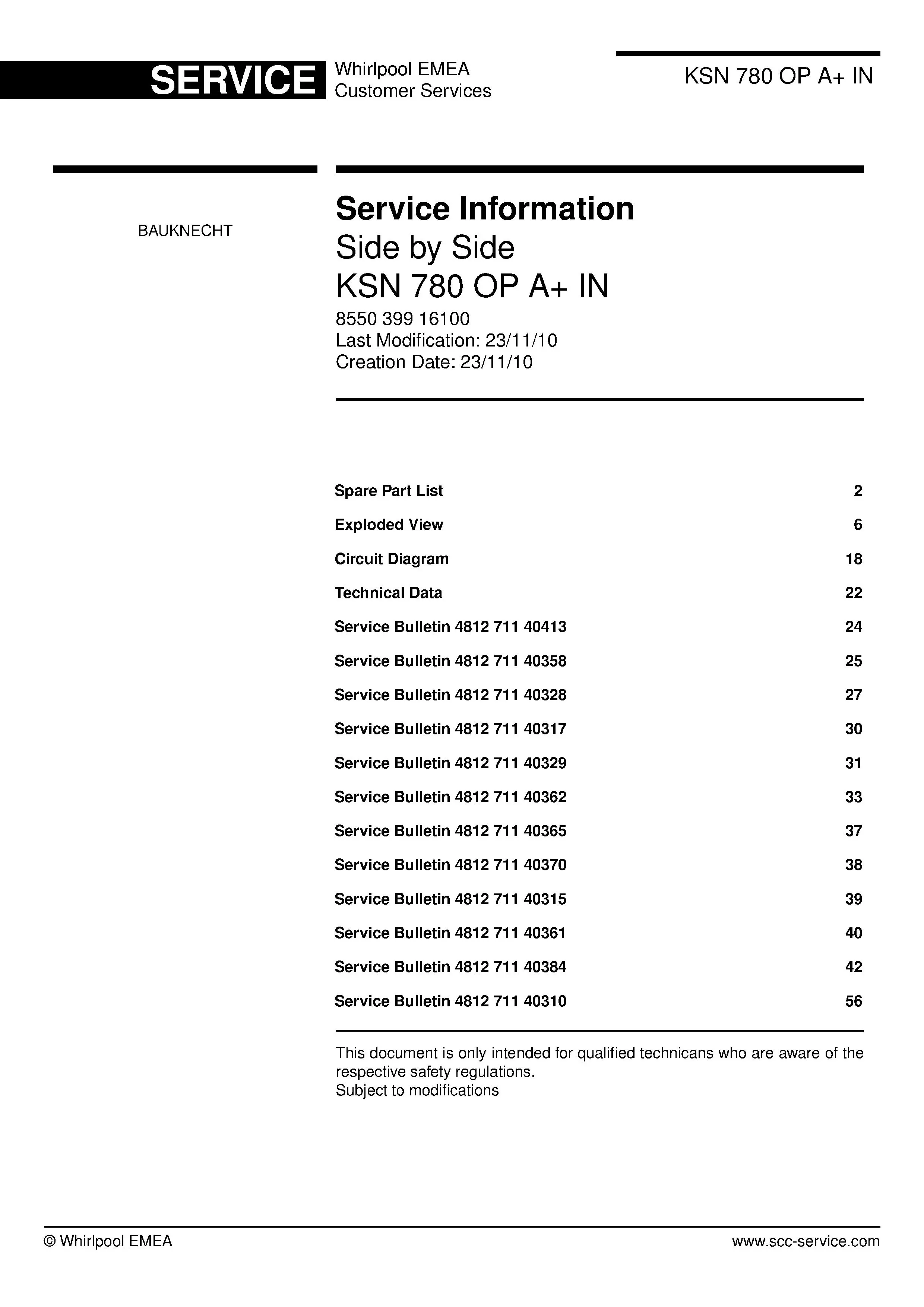 Bauknecht ksn 780 op a in service manual cover with model code, manual contents and publication date