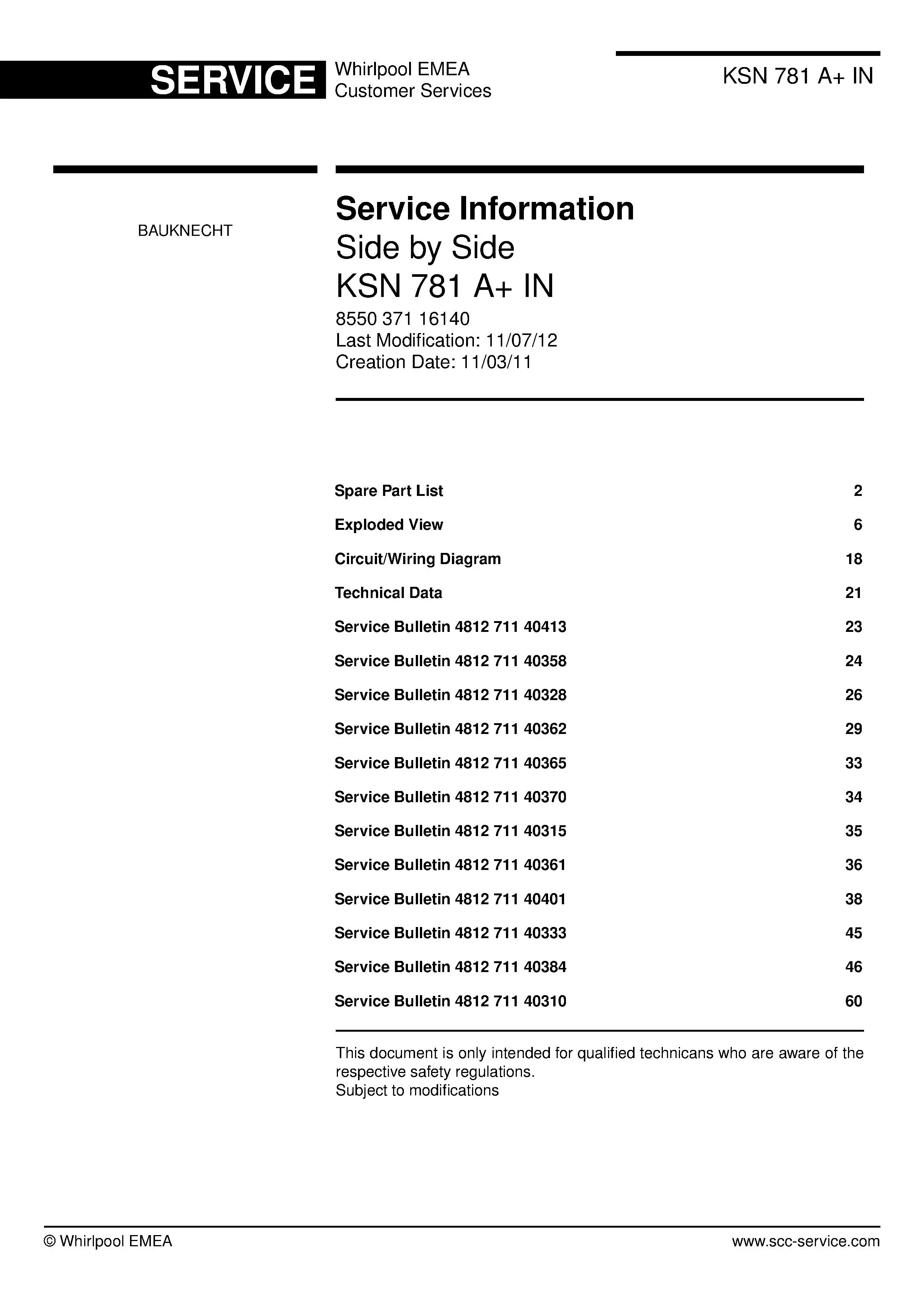 Bauknecht ksn 781 a in service manual cover with model code, manual contents and publication date