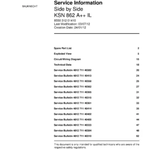 Bauknecht ksn 862 a il service manual cover with model code, manual contents and publication date