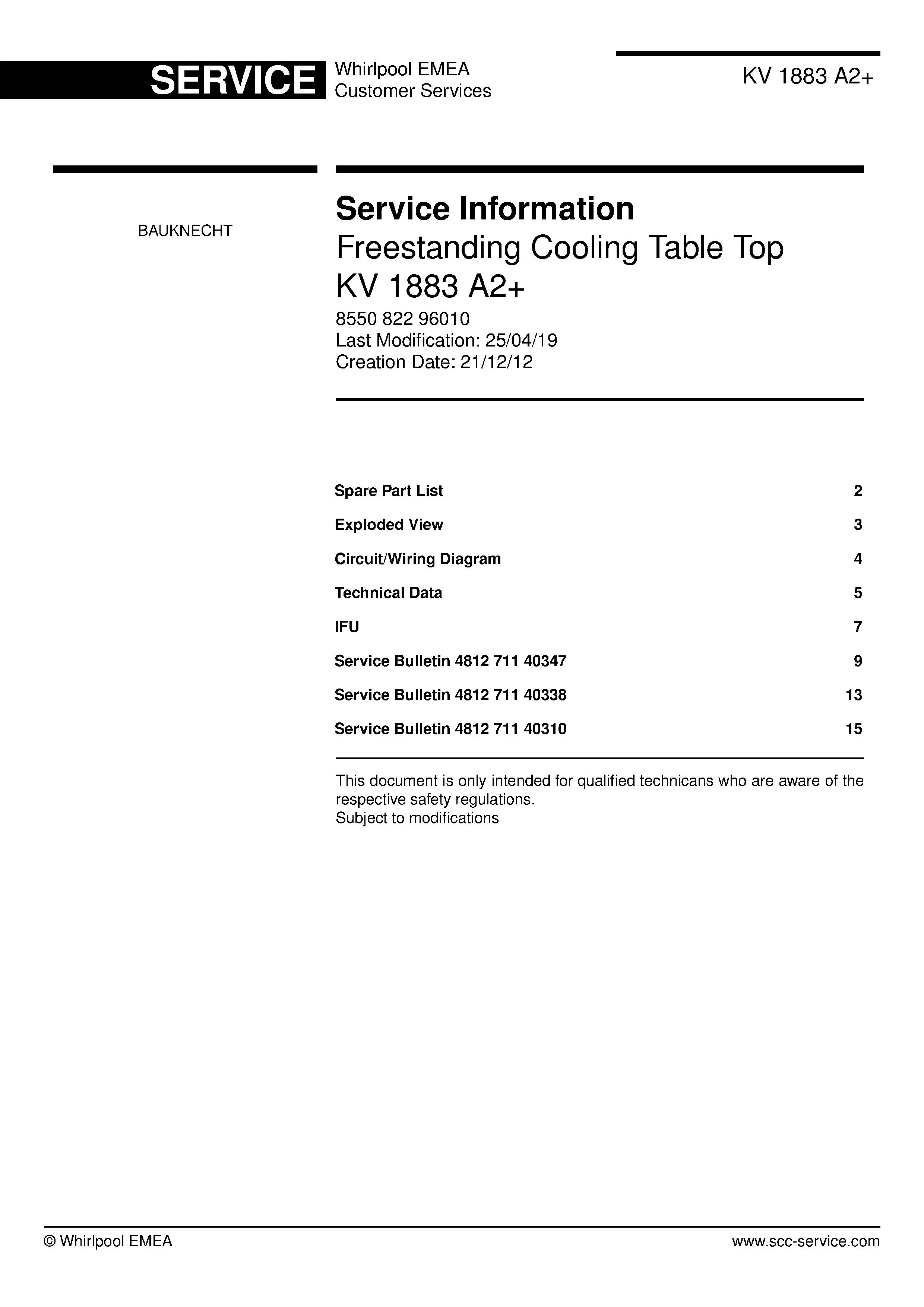 Bauknecht kv 1883 a2 service manual cover with model code, manual contents and publication date