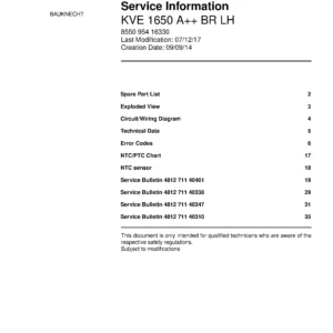 Bauknecht kve 1650 a br lh service manual cover with model code, manual contents and publication date