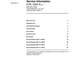 Bauknecht kve 1650 a service manual cover with model code, manual contents and publication date