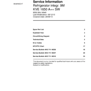 Bauknecht kve 1650 a sw service manual cover with model code, manual contents and publication date