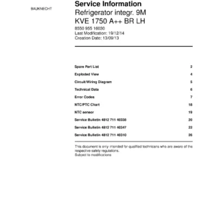 Bauknecht kve 1750 a br lh service manual cover with model code, manual contents and publication date