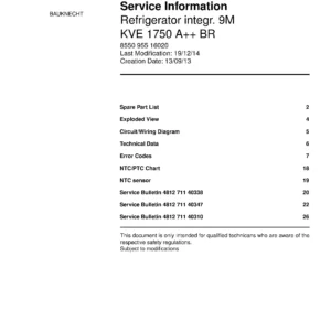 Bauknecht kve 1750 a br service manual cover with model code, manual contents and publication date