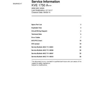 Bauknecht kve 1750 a service manual cover with model code, manual contents and publication date