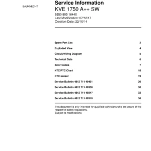 Bauknecht kve 1750 a sw service manual cover with model code, manual contents and publication date