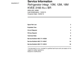 Bauknecht kvee 3160 a br service manual cover with model code, manual contents and publication date