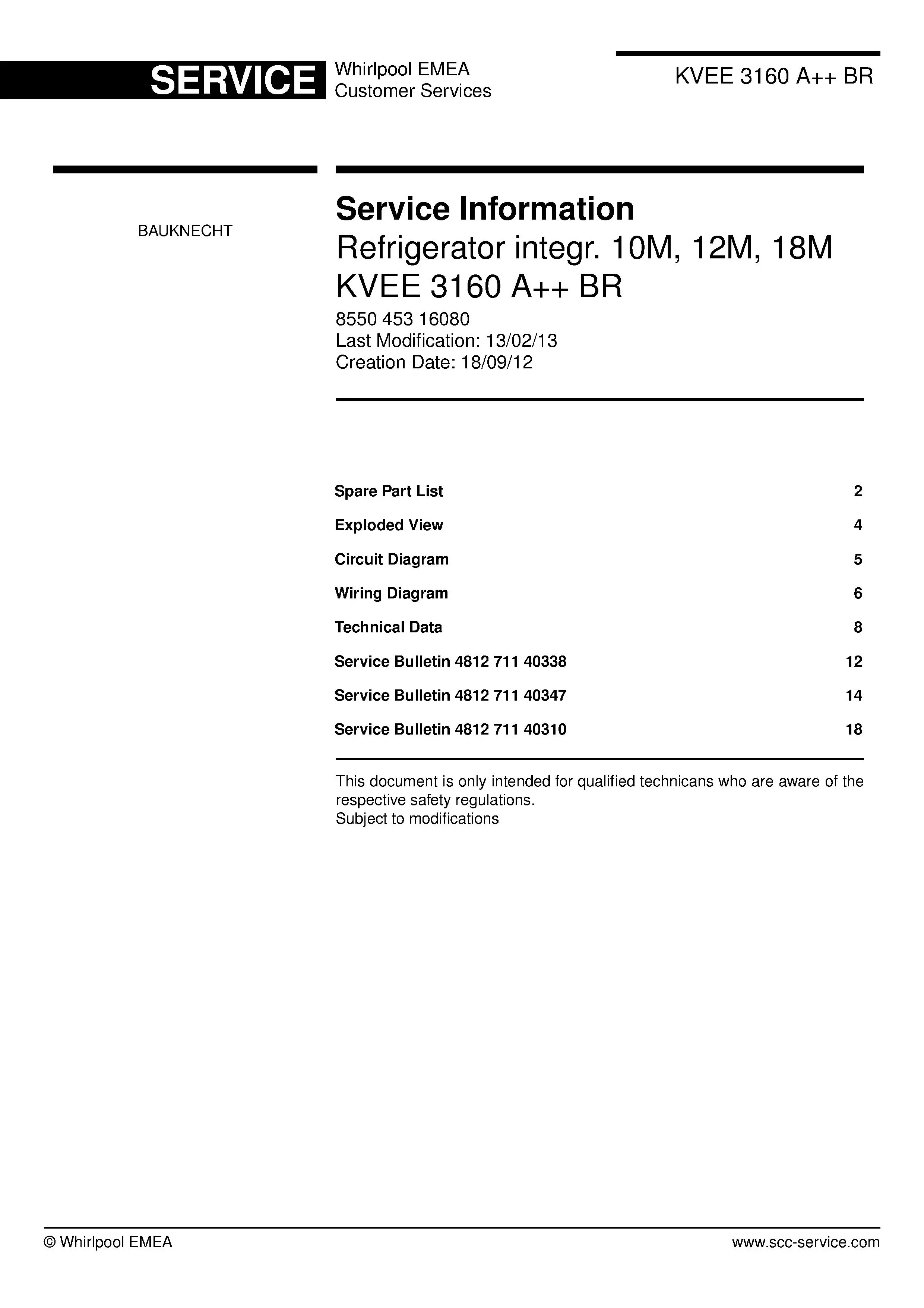Bauknecht kvee 3160 a br service manual cover with model code, manual contents and publication date