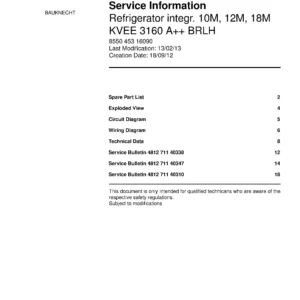 Bauknecht kvee 3160 a brlh service manual cover with model code, manual contents and publication date