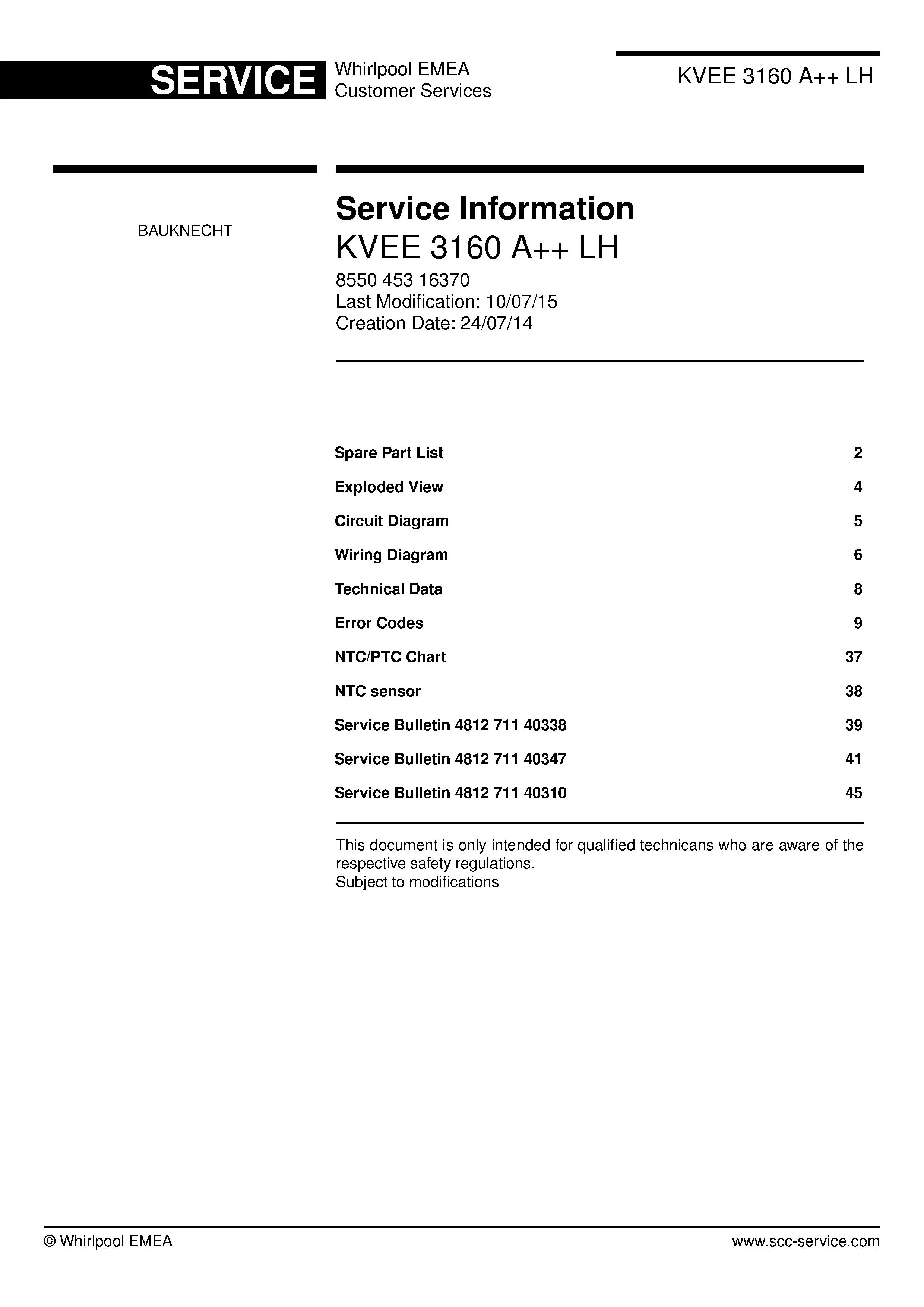 Bauknecht kvee 3160 a lh service manual cover with model code, manual contents and publication date