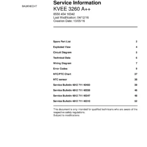 Bauknecht kvee 3260 a service manual cover with model code, manual contents and publication date