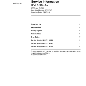 Bauknecht kvi 1884 a service manual cover with model code, manual contents and publication date