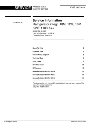 Bauknecht kvie 1103 a service manual cover with model code, manual contents and publication date