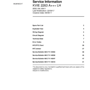 Bauknecht kvie 2263 a lh service manual cover with model code, manual contents and publication date